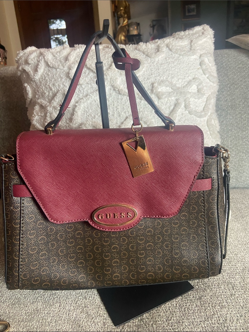 GUESS Brown Logo Satchel with Burgundy Flap and Gold Hardware